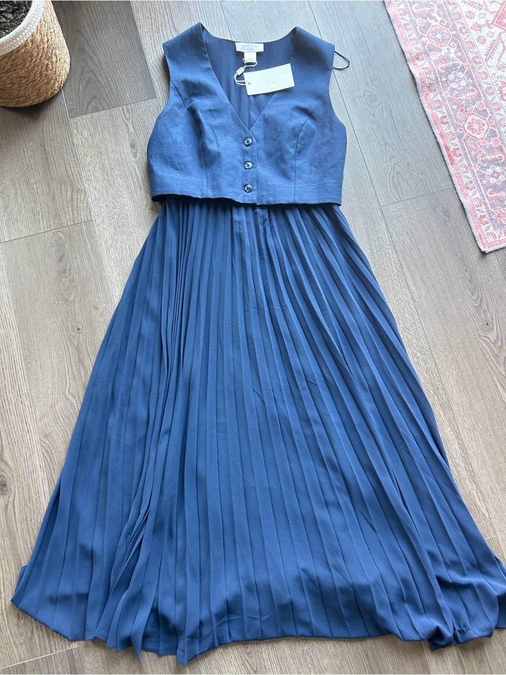 Tuckernuck Caroline Constas Blue Pleated Midi Dress with Cropped Vest Bodice NWT